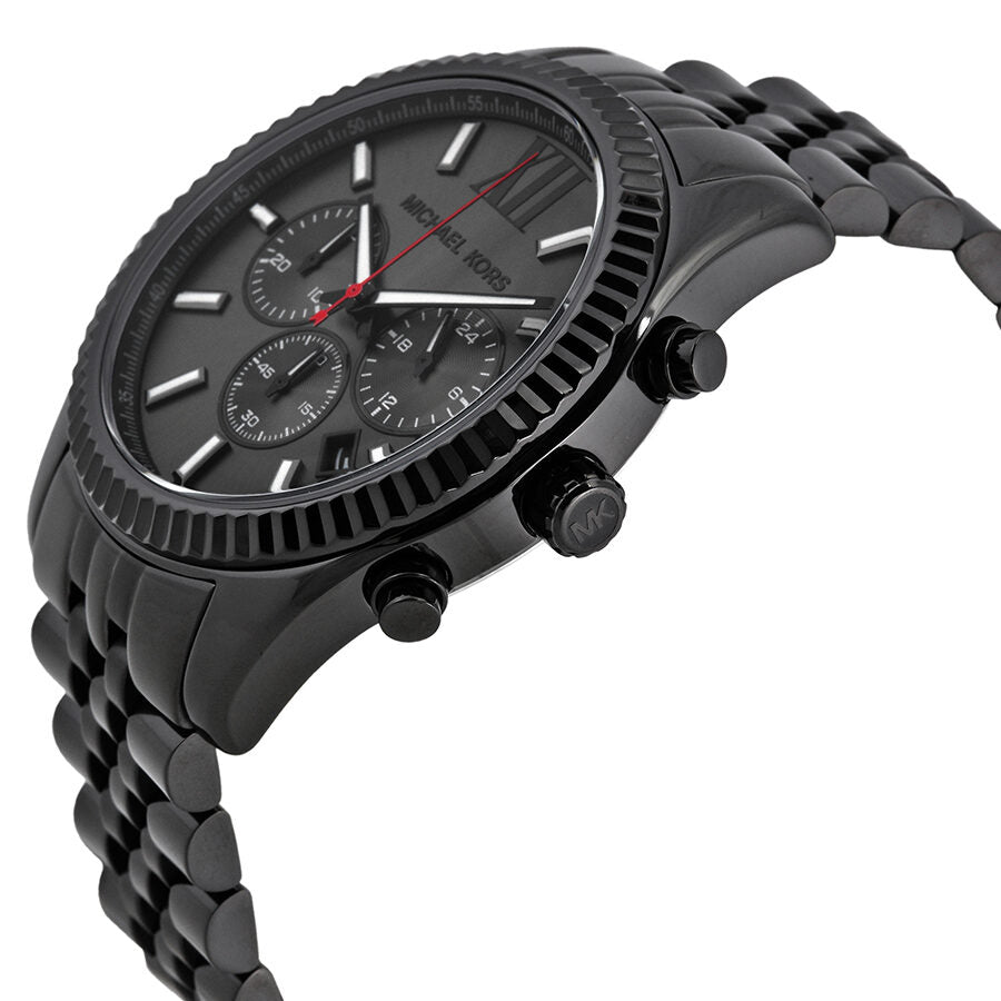 Side angle view of Lexington chronograph showing black case, textured bezel, and bracelet with chronograph pushers