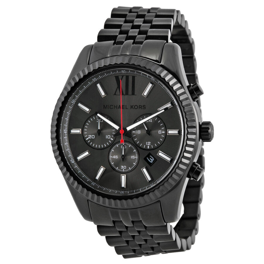 Michael Kors Lexington chronograph watch with black dial, three subdials, and black stainless steel bracelet