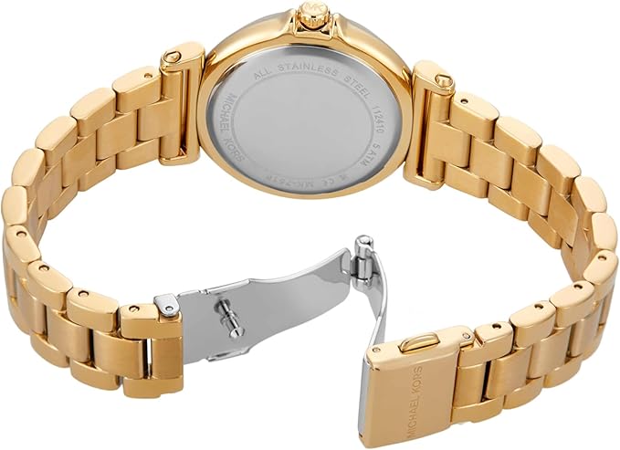 Michael Kors Maren watch caseback view showing gold-tone case and metal bracelet with clasp