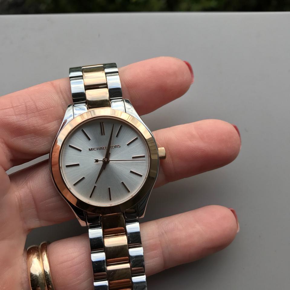 Michael Kors MK3204 Women's Slim Runway Two Tone Rose Gold Tone Stainless Steel Brown Dial Analog Watch