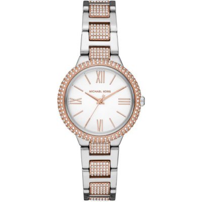 Michael Kors MK4461 two-tone steel watch with crystal-bezel, white dial, Roman numerals, and diamond-set bracelet