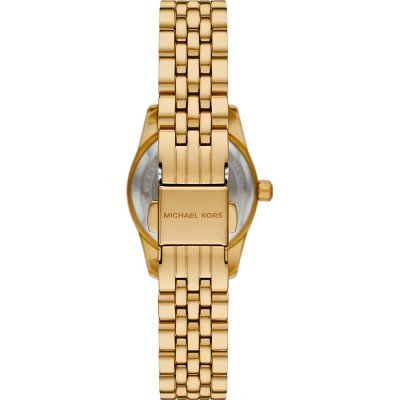 Michael Kors MK4741 Petite Lexington watch caseback showing gold-tone stainless steel case