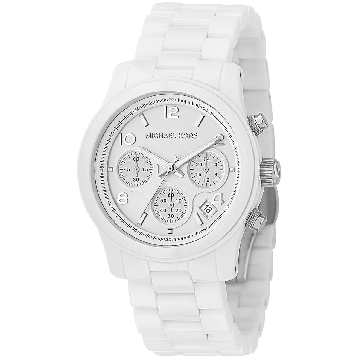 Angled view of Michael Kors MK5161 white ceramic watch showing case and band profile