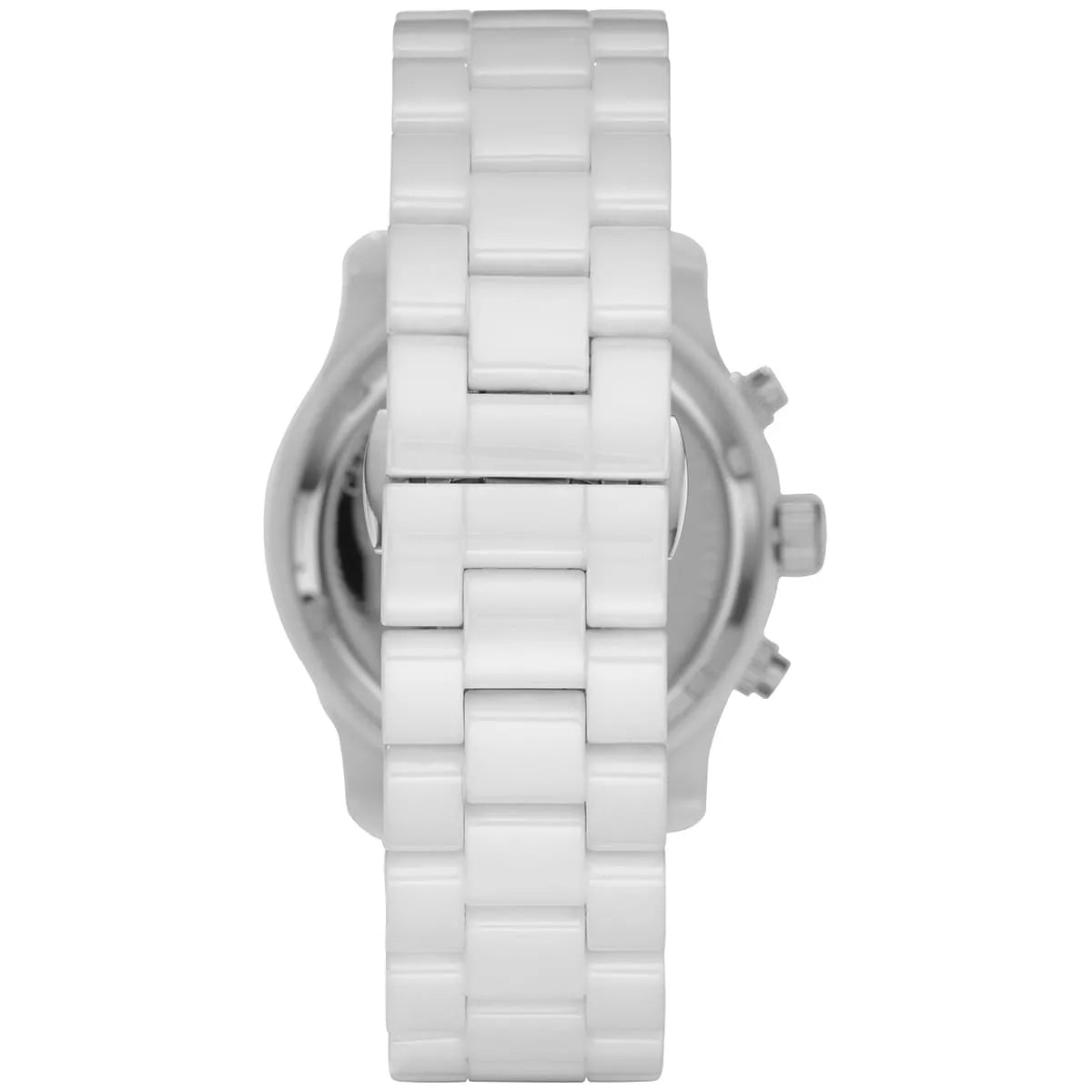 Back view of Michael Kors MK5161 white watch showing caseback and ceramic band