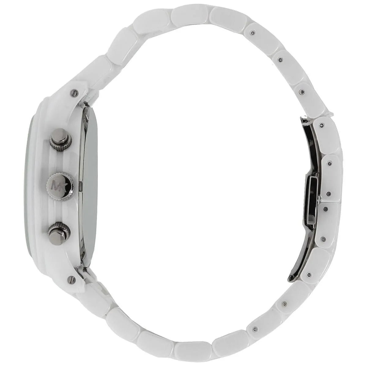 Michael Kors MK5161 white chronograph watch on wrist showing ceramic bracelet