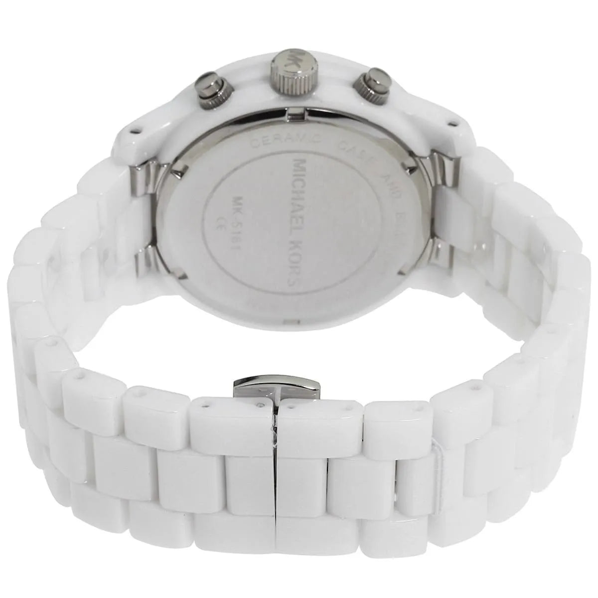 Overhead view of Michael Kors MK5161 white ceramic watch with chronograph pushers visible