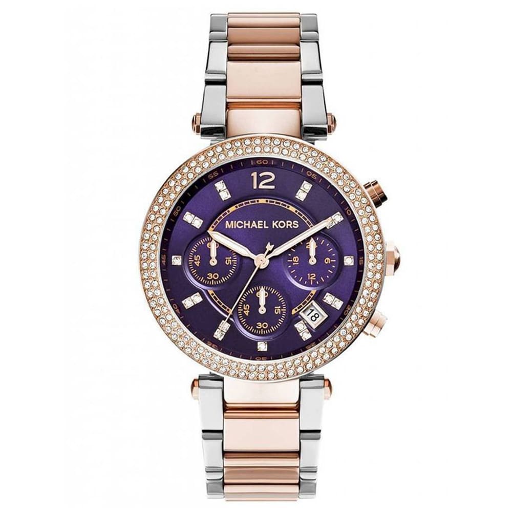 Michael Kors MK6108 rose gold ladies chronograph watch with purple dial and crystal-set bezel