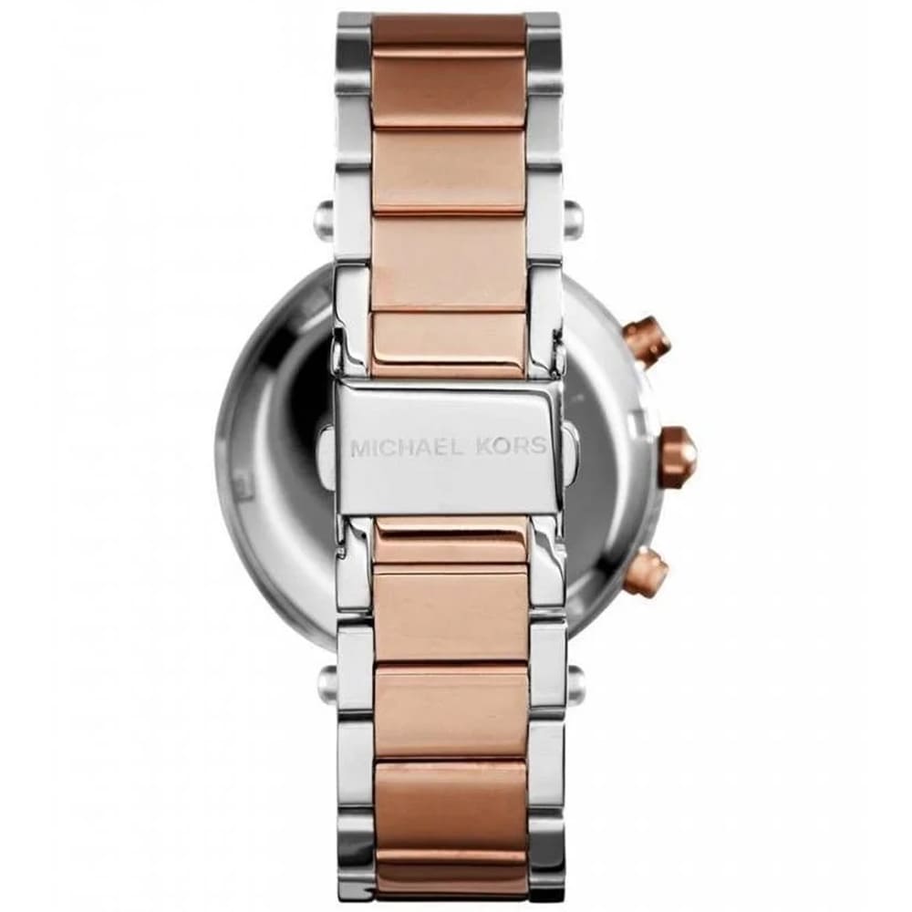 Michael Kors MK6108 caseback view displaying rose gold and silver two-tone bracelet