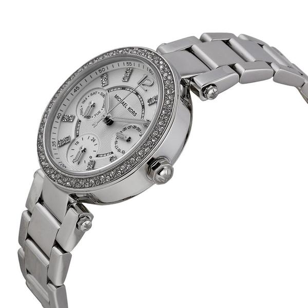 Michael Kors Parker MK5615 silver watch side view showing bracelet and case profile