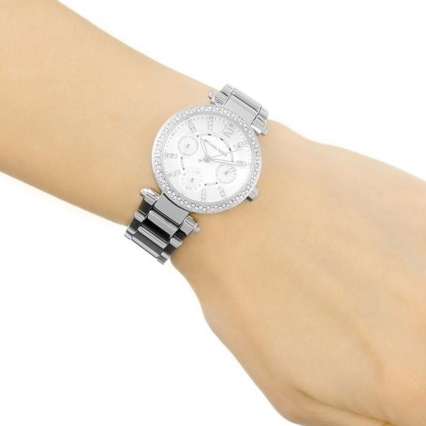 Michael Kors Parker MK5615 silver watch worn on wrist showing crystal bezel and subdials
