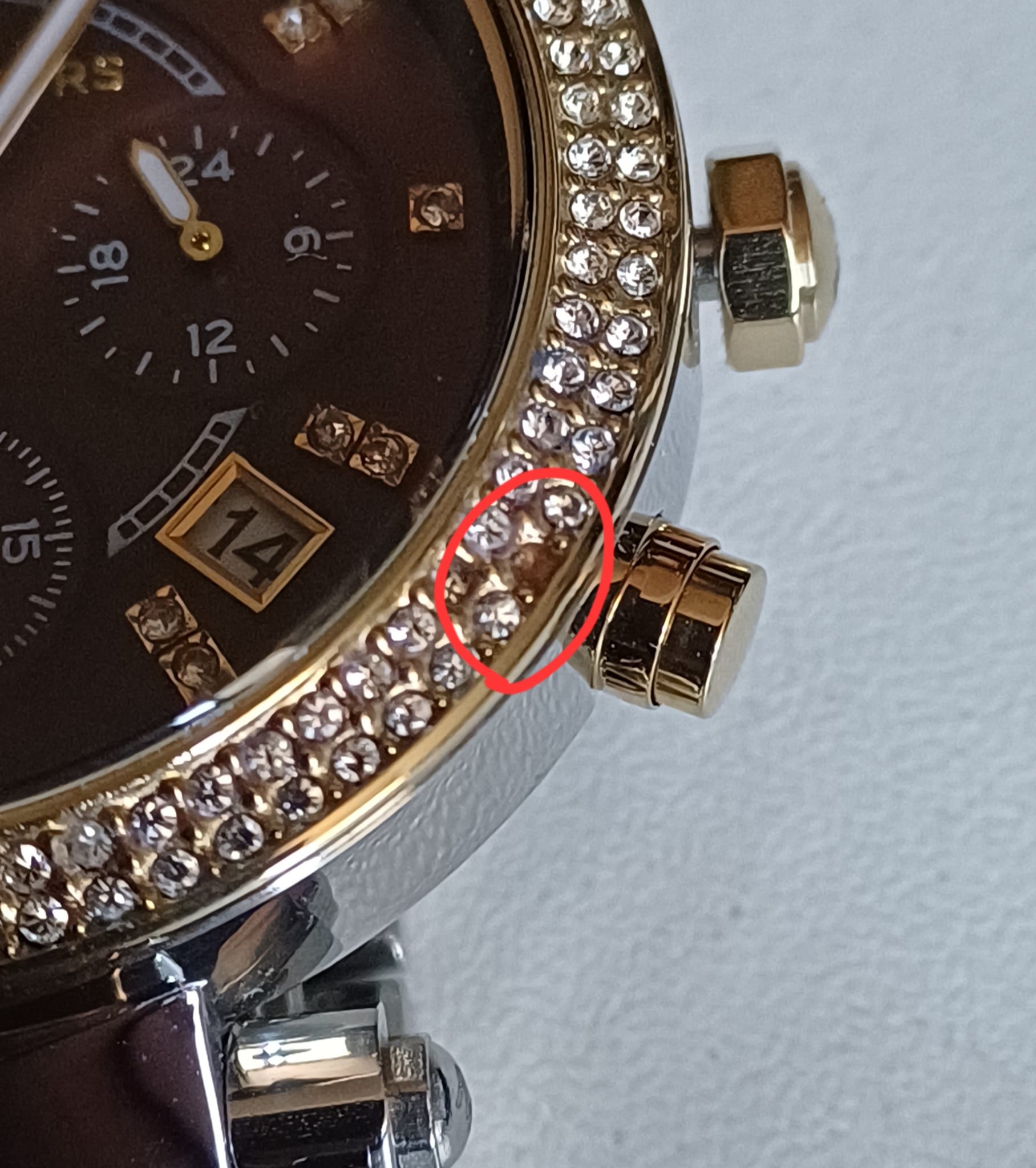 Close-up of Parker watch dial showing chronograph subdials, markers, and crystal-set bezel detail