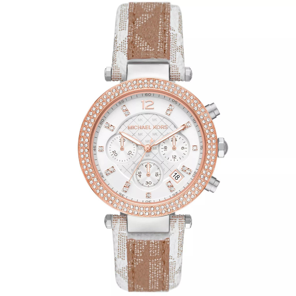 Michael Kors Parker Pavé two-tone women's chronograph watch with rose gold bezel and signature-print strap
