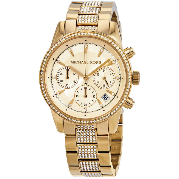 Michael Kors Ritz Pave Chronograph Crystal Gold Dial Ladies Watch MK6484 - BigDaddy Watches