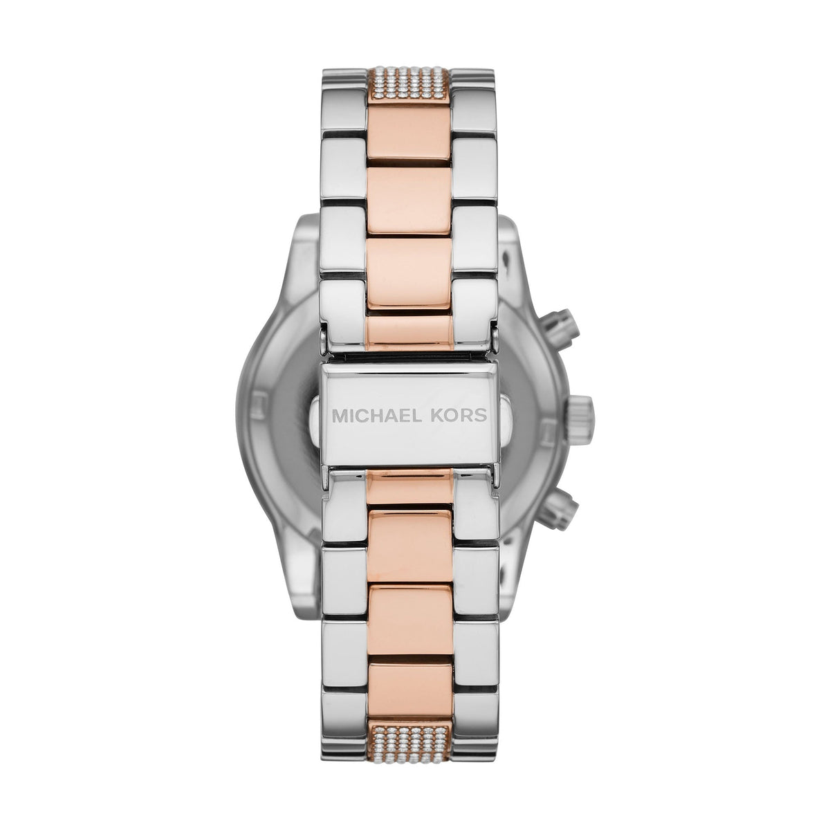 Caseback of Michael Kors Ritz watch with two-tone bracelet and MICHAEL KORS engraving
