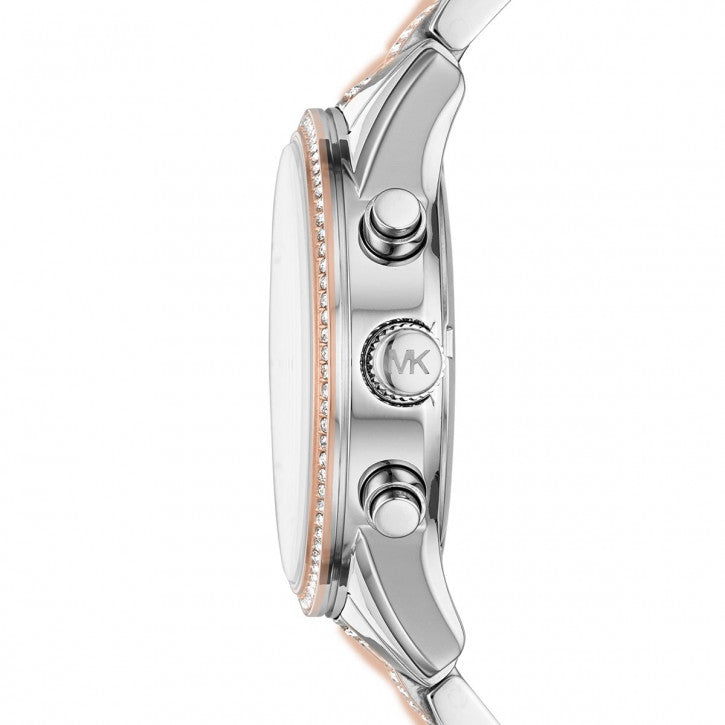 Side view of Michael Kors Ritz watch showing chronograph pushers and MK logo