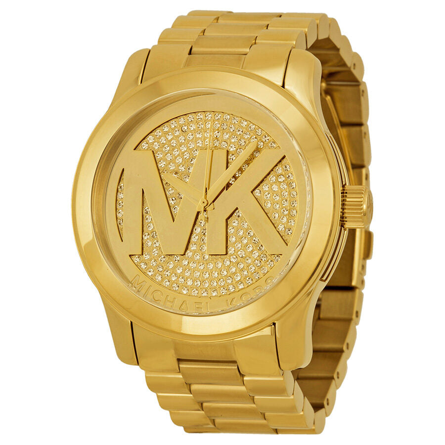 Michael Kors Runway MK5706 gold women's watch with pave crystal dial and MK logo