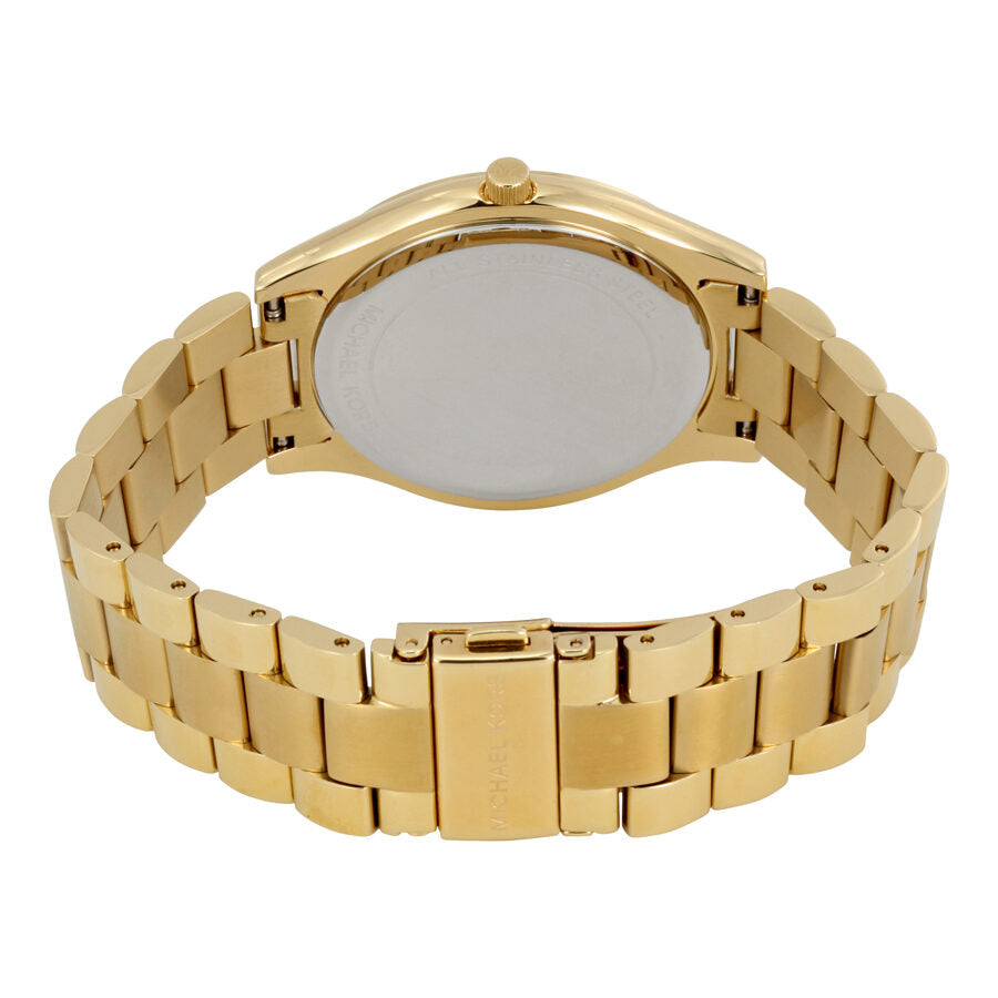 Michael Kors Slim Runway MK3478 case back showing gold-tone link bracelet