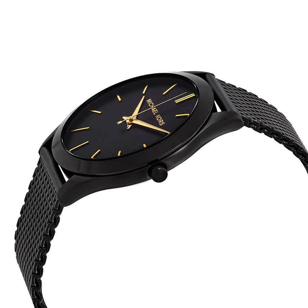 Michael Kors Slim Runway black-tone watch worn on wrist with mesh strap
