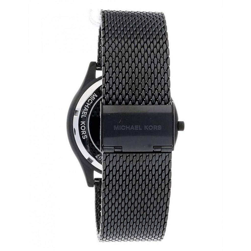 Side view of Michael Kors Slim Runway watch showing mesh strap and case profile