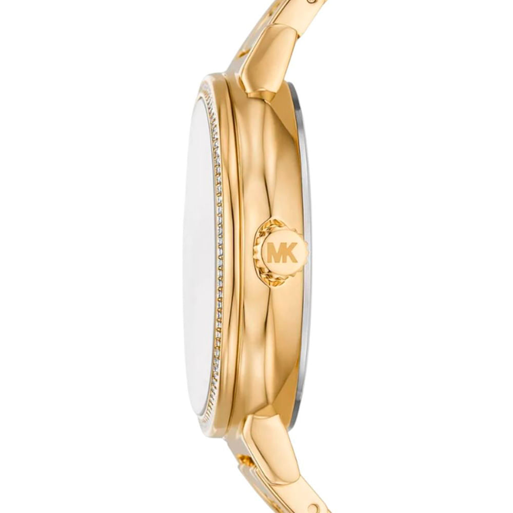 Michael Kors Sofie side profile showing gold case depth and link bracelet