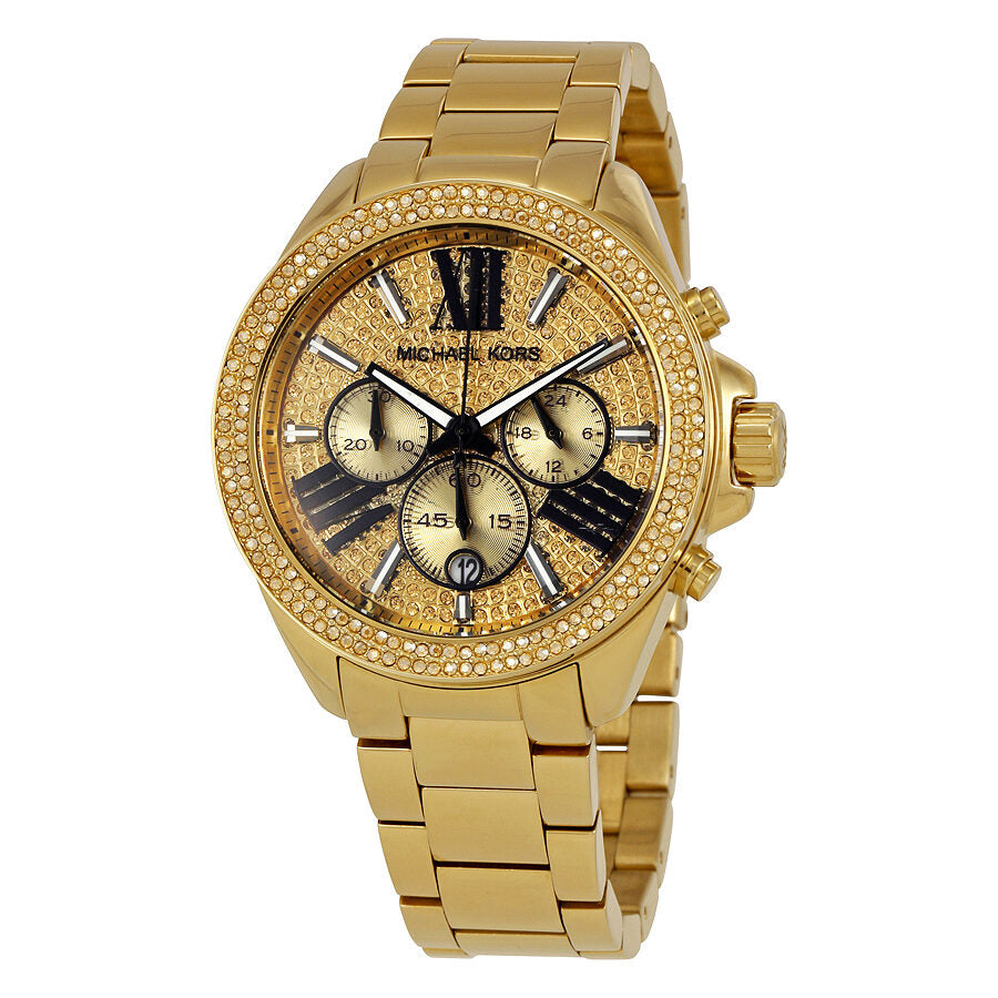 Michael Kors Wren MK6095 gold chronograph watch with crystal pave bezel and patterned dial