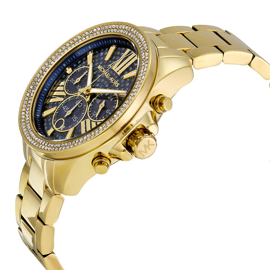 Side angle view of Michael Kors Wren chronograph with gold case, blue dial and gold stainless steel bracelet