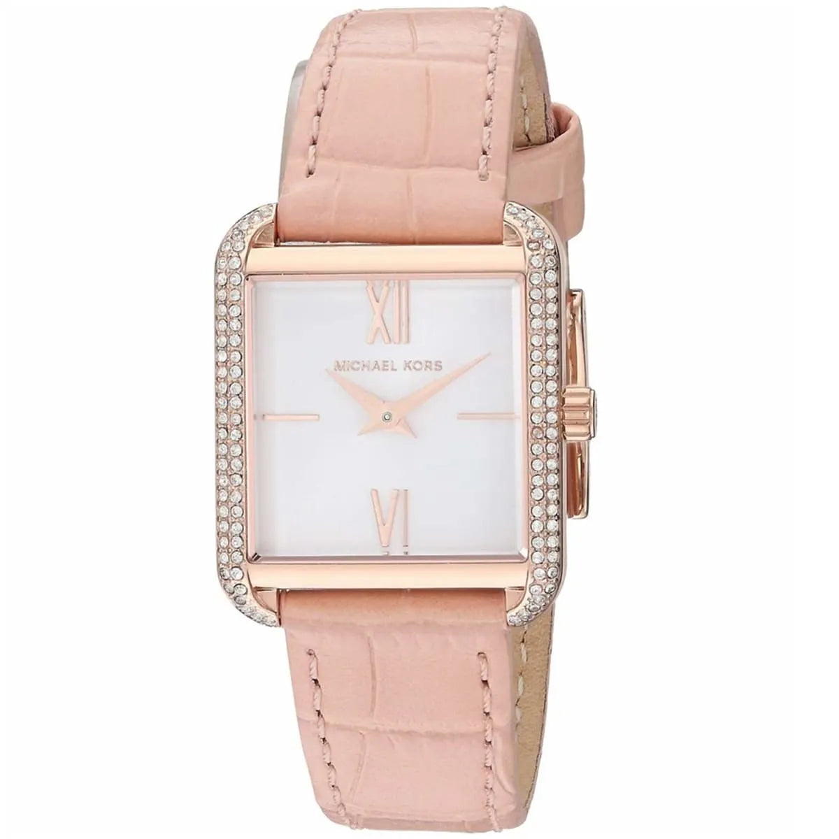 Michael Kors Lake MK2763 three-quarter view of rose gold square watch with white dial and pink crocodile-pattern strap