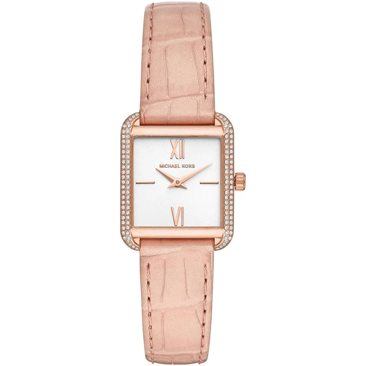 Michael Kors Lake rose gold-tone women's watch with square white dial, crystal-set bezel, and pink leather strap