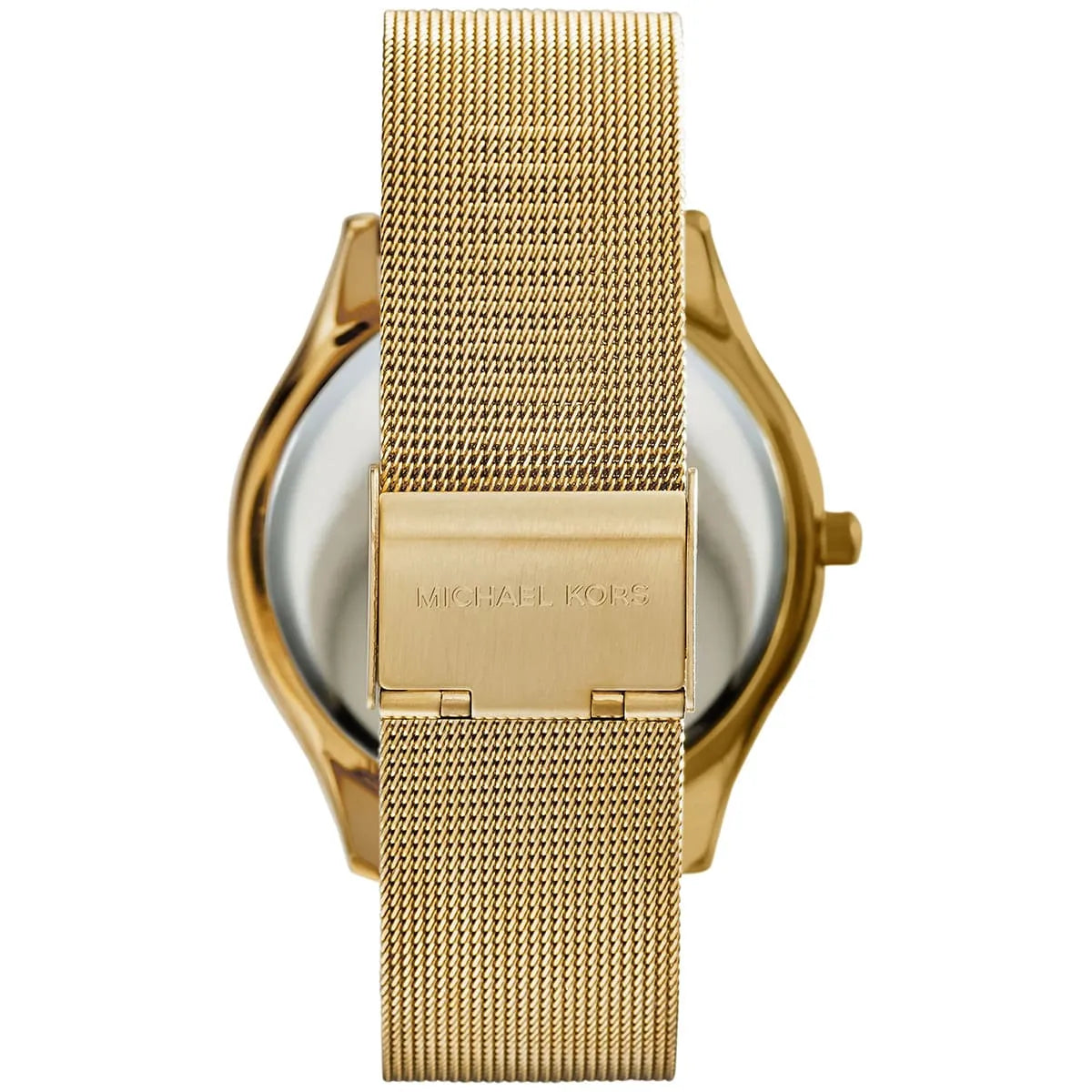 Michael Kors MK3282 Slim Runway watch caseback with gold mesh strap and clasp