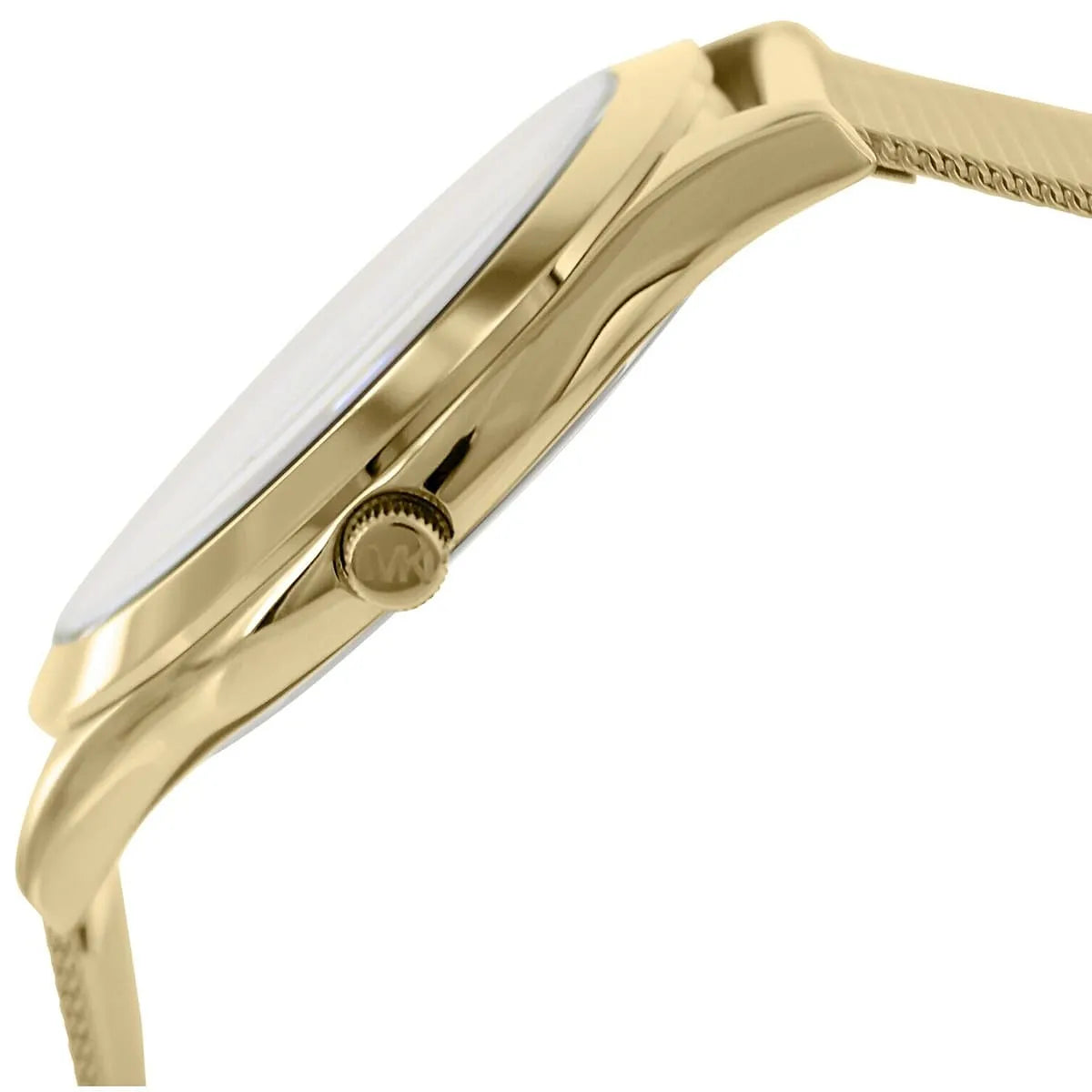 Michael Kors MK3282 watch case with crown and gold mesh strap detail side profile