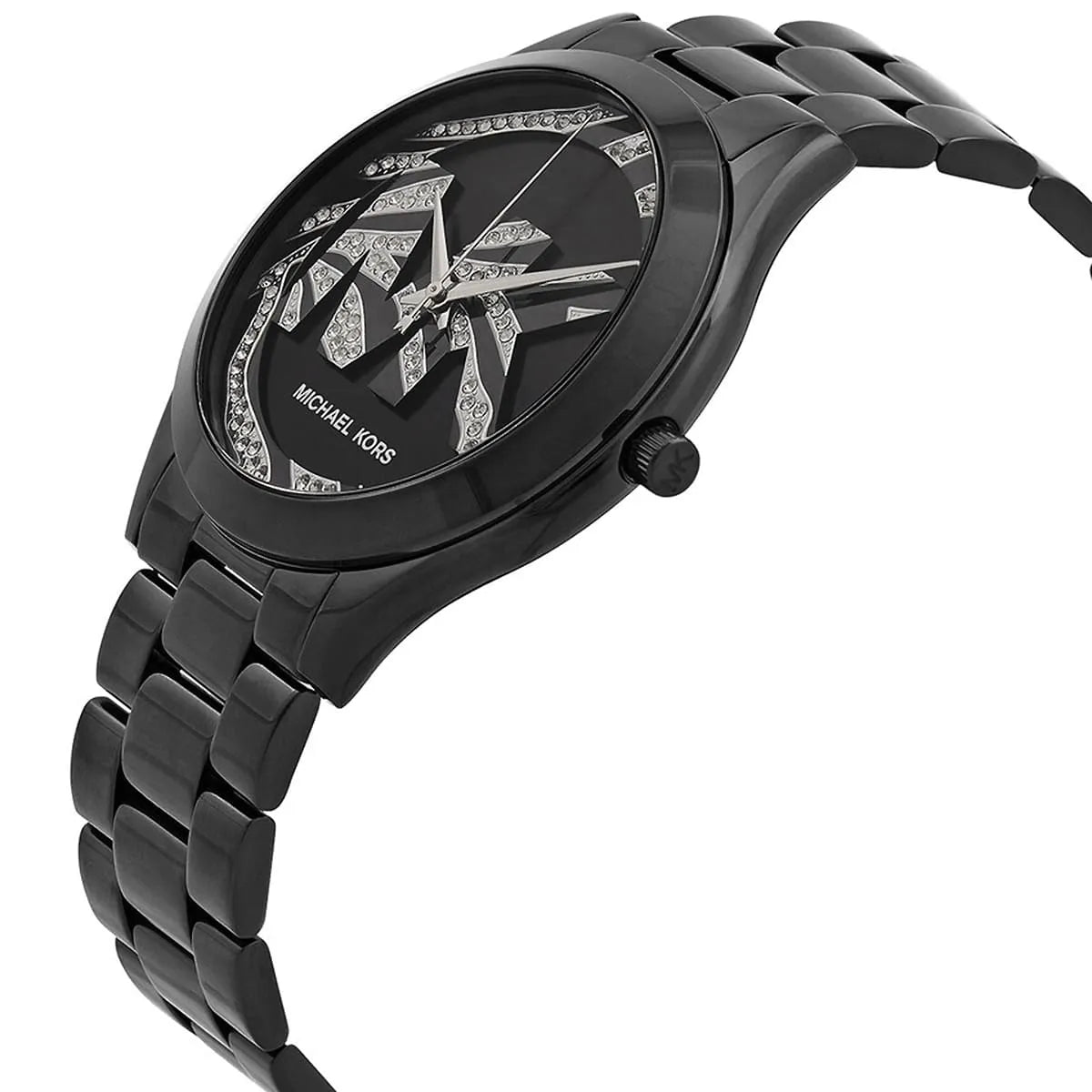 Side view of Michael Kors Slim Runway watch displaying black case and stainless steel bracelet