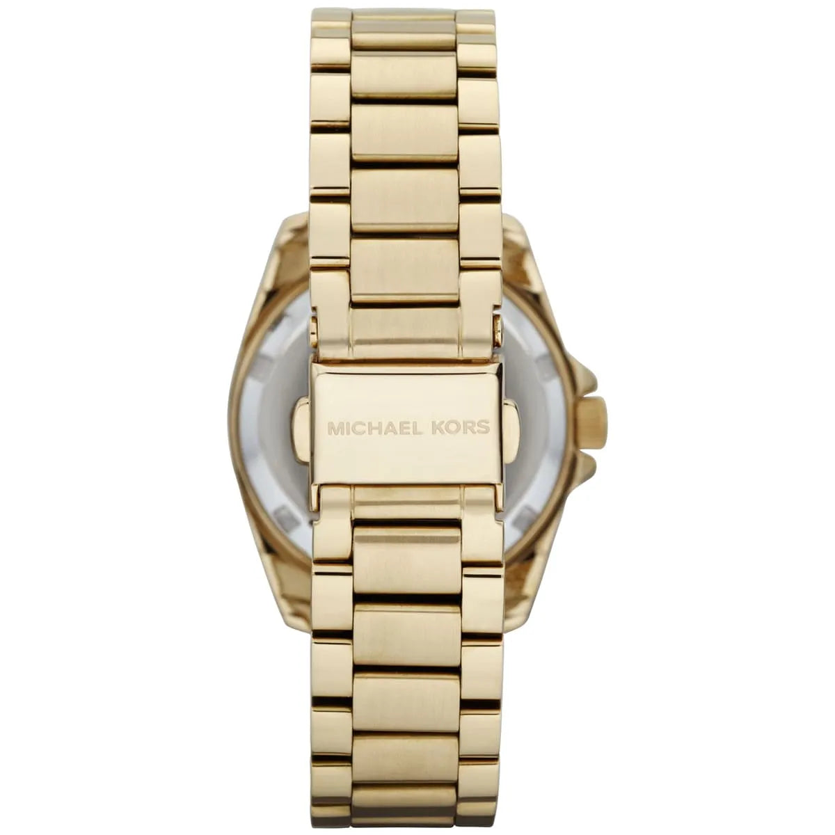Michael Kors Blair watch caseback with engraved logo and gold stainless steel link bracelet