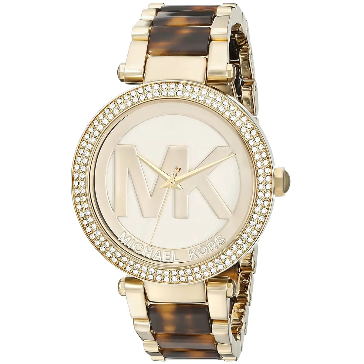 Michael Kors Parker watch at three-quarter angle showing gold and tortoise two-tone strap design