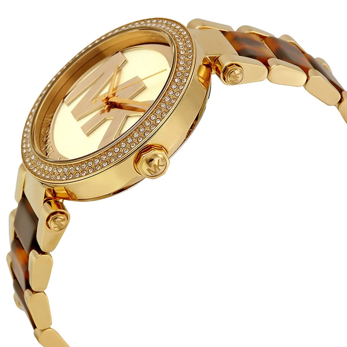 Michael Kors Parker watch worn on wrist, displaying cream dial with gold hands and crystal bezel