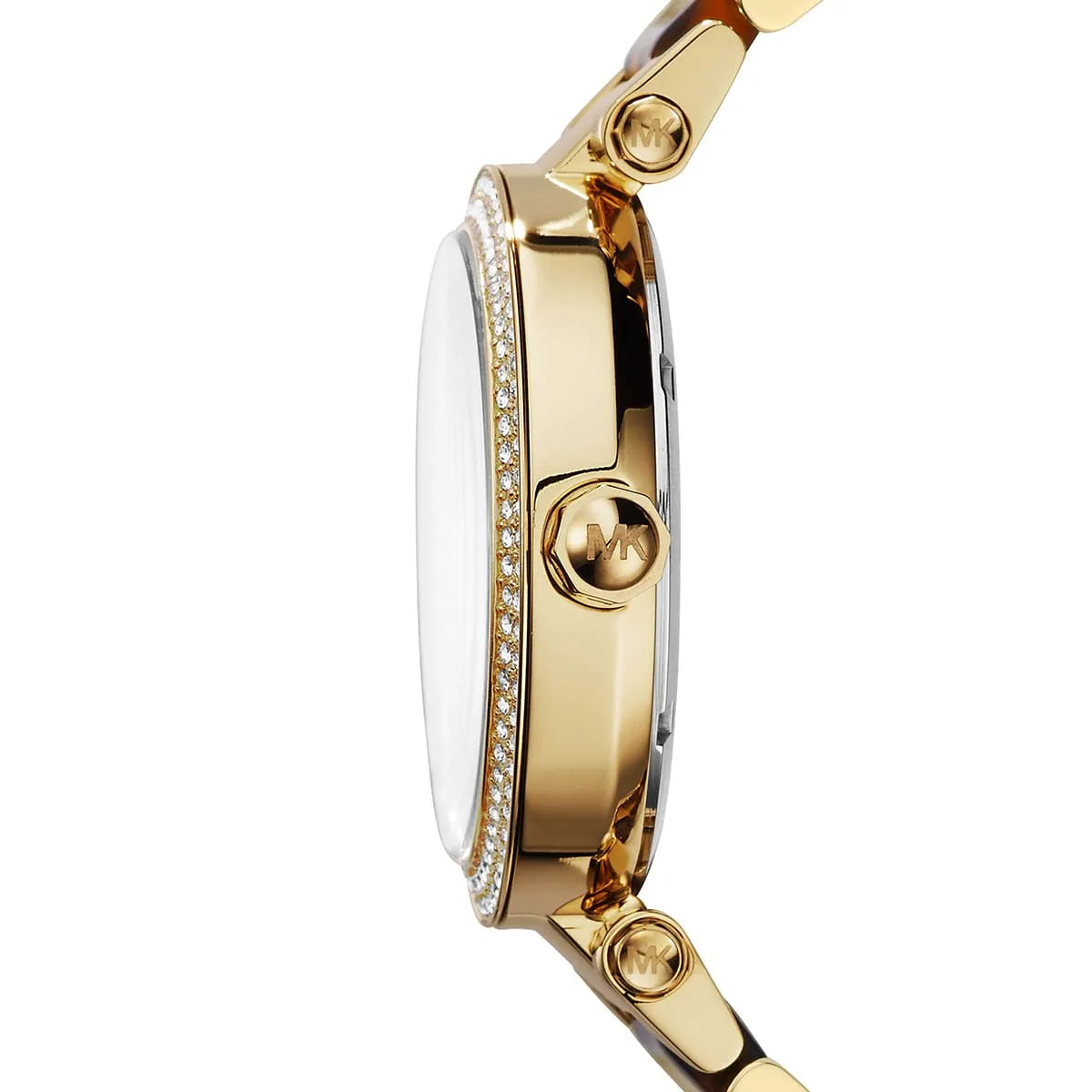 Michael Kors Parker watch side profile showing case thickness and gold crown pushers