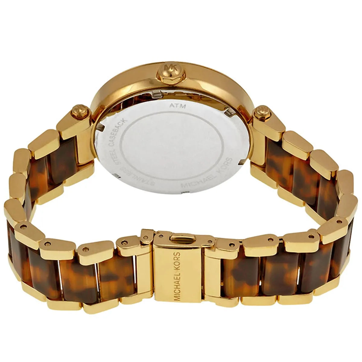 Michael Kors Parker watch strap detail showing gold and tortoise acetate two-tone bracelet with fold-over clasp
