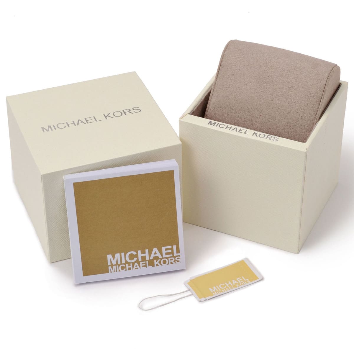 Michael Kors watch packaging with cream-colored box and branded presentation
