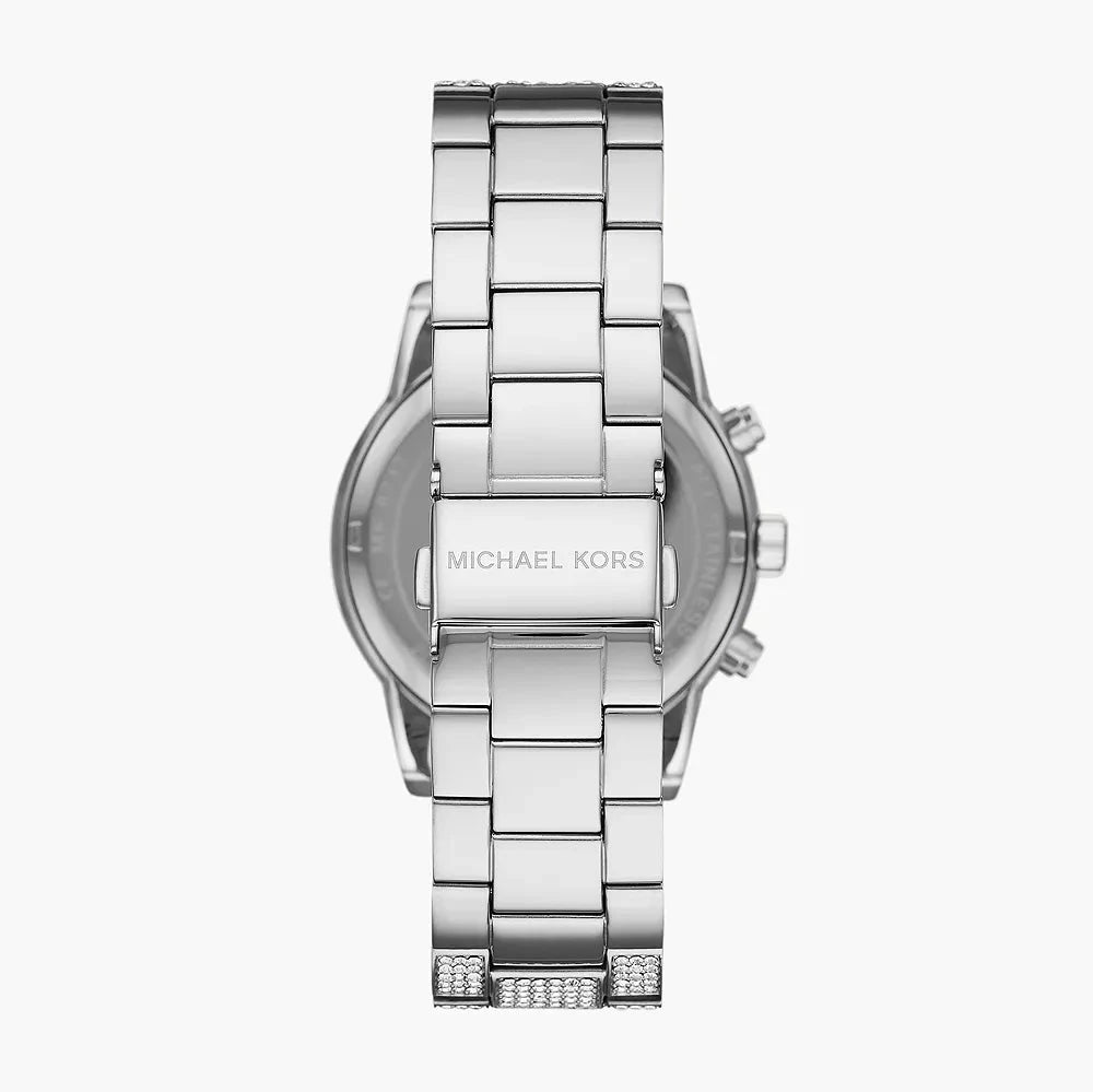 Back view of Michael Kors Ritz watch with silver-tone bracelet and caseback