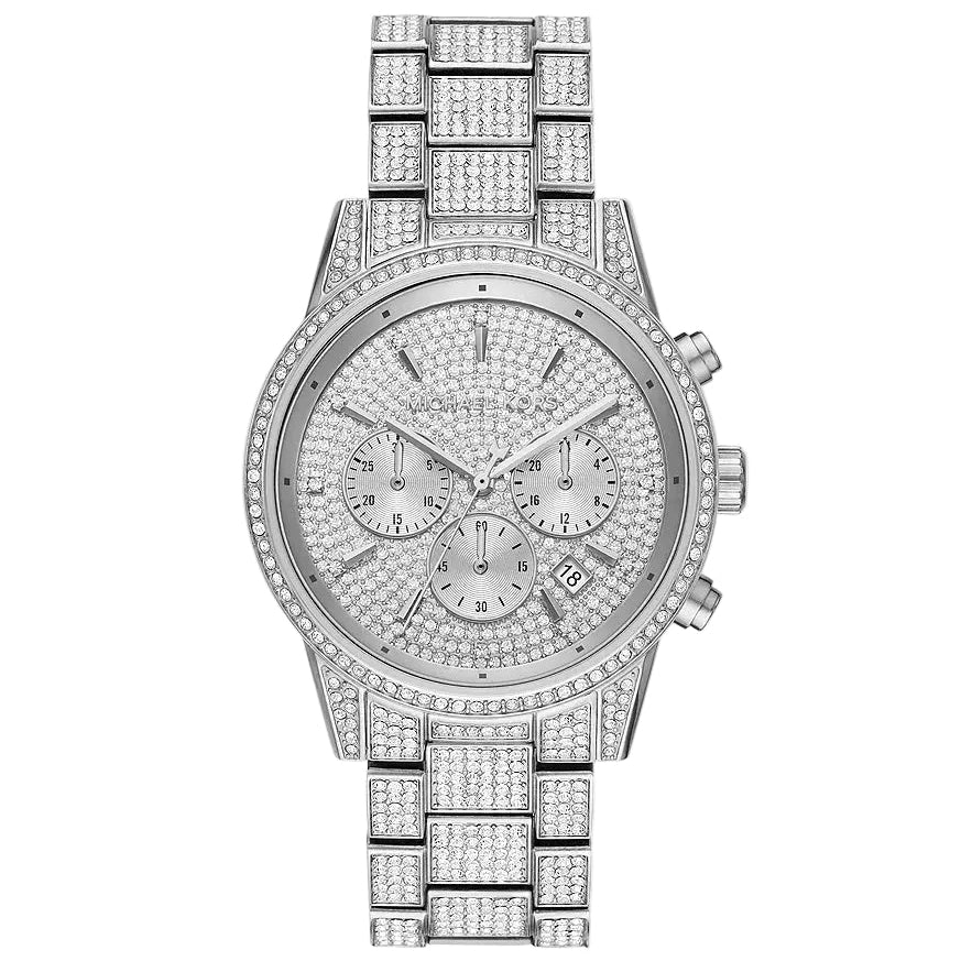 Michael Kors Ritz silver-tone chronograph watch with crystal pavé dial and bracelet