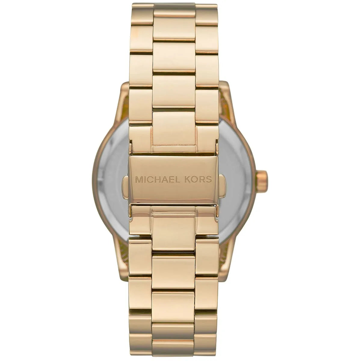 Michael Kors Ritz MK6862 caseback showing gold-tone stainless steel bracelet and engraved case