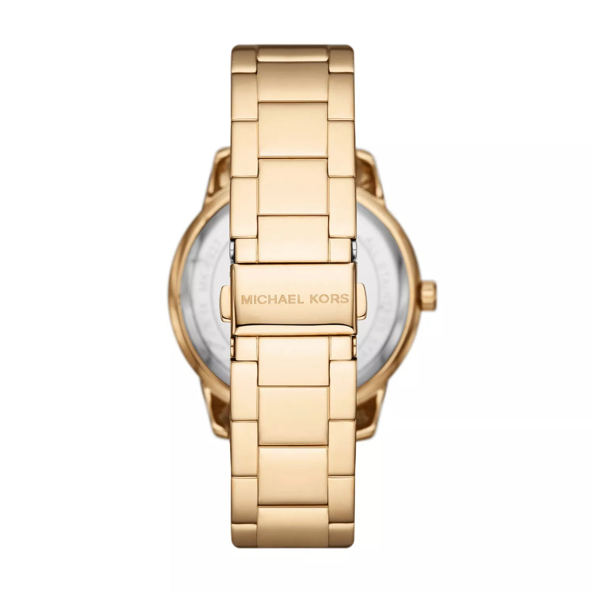 Back view of Michael Kors Tibby watch showing gold-tone metal bracelet and caseback