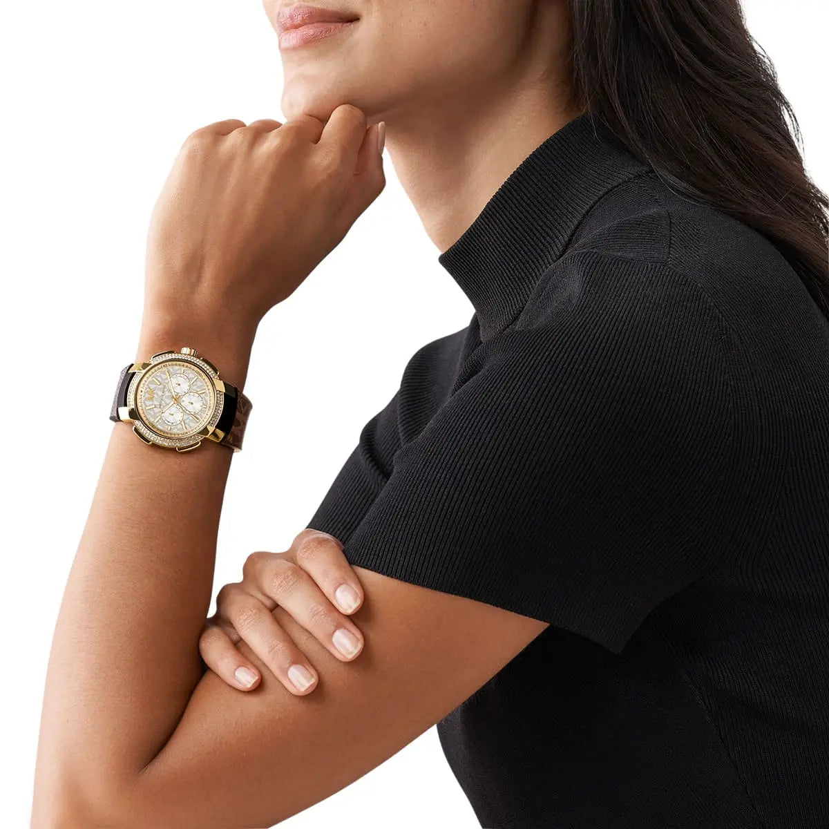 Michael Kors Sidney Logo Pattern Dial Brown Genuine Leather Women's Watch-  MK6948
