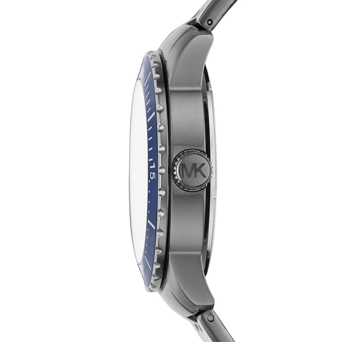 Side view of Michael Kors MK7155 showing gunmetal case with blue unidirectional rotating bezel and MK logo caseback