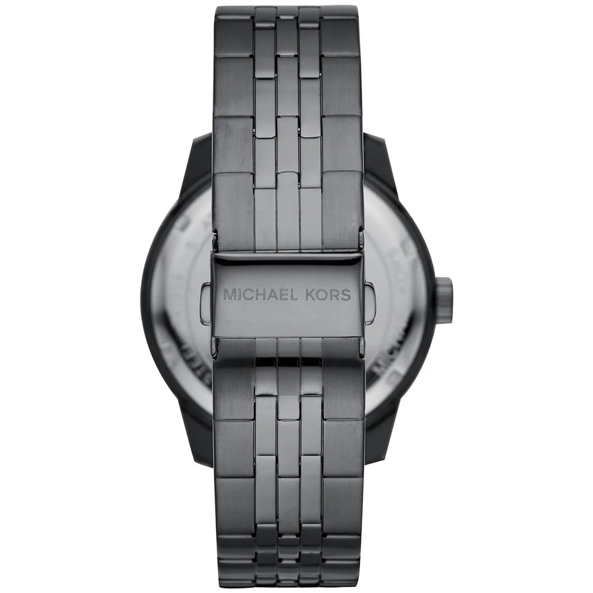 Michael Kors Cunningham MK7158 caseback showing gunmetal stainless steel with Michael Kors branding