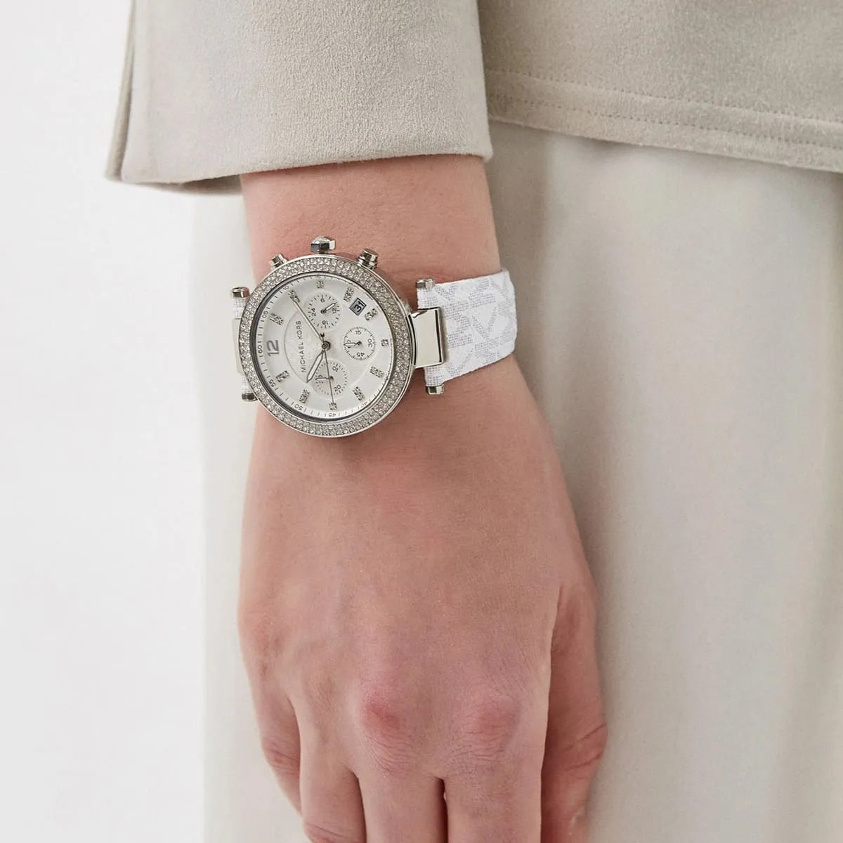 Michael Kors Parker Pavé Chronograph Silver Optic White PVC Women's Watch - MK7226