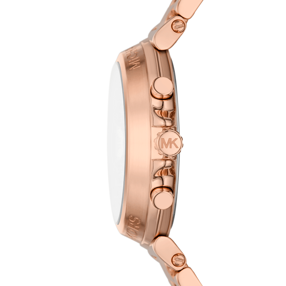 Side view of rose gold-tone Michael Kors Maren chronograph watch showing case depth and MK logo on bracelet
