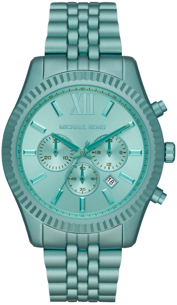 Michael Kors Lexington turquoise chronograph watch with Roman numeral dial and three subdials