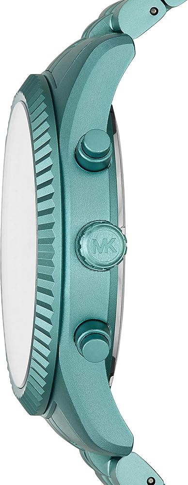 Side profile of turquoise aluminum chronograph watch showing pusher buttons and case thickness