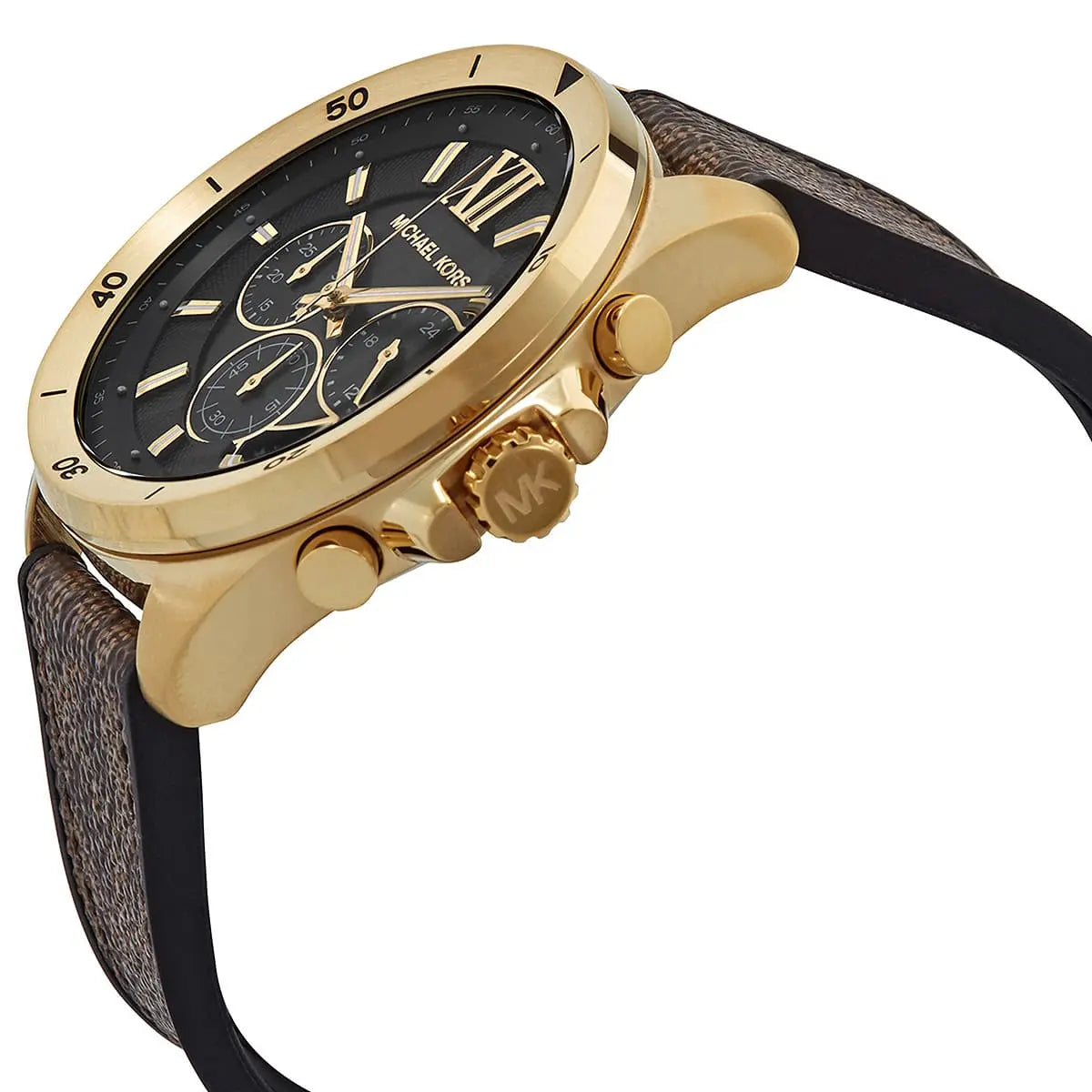 Michael Kors Brecken watch side view showing gold-tone case and chronograph pushers