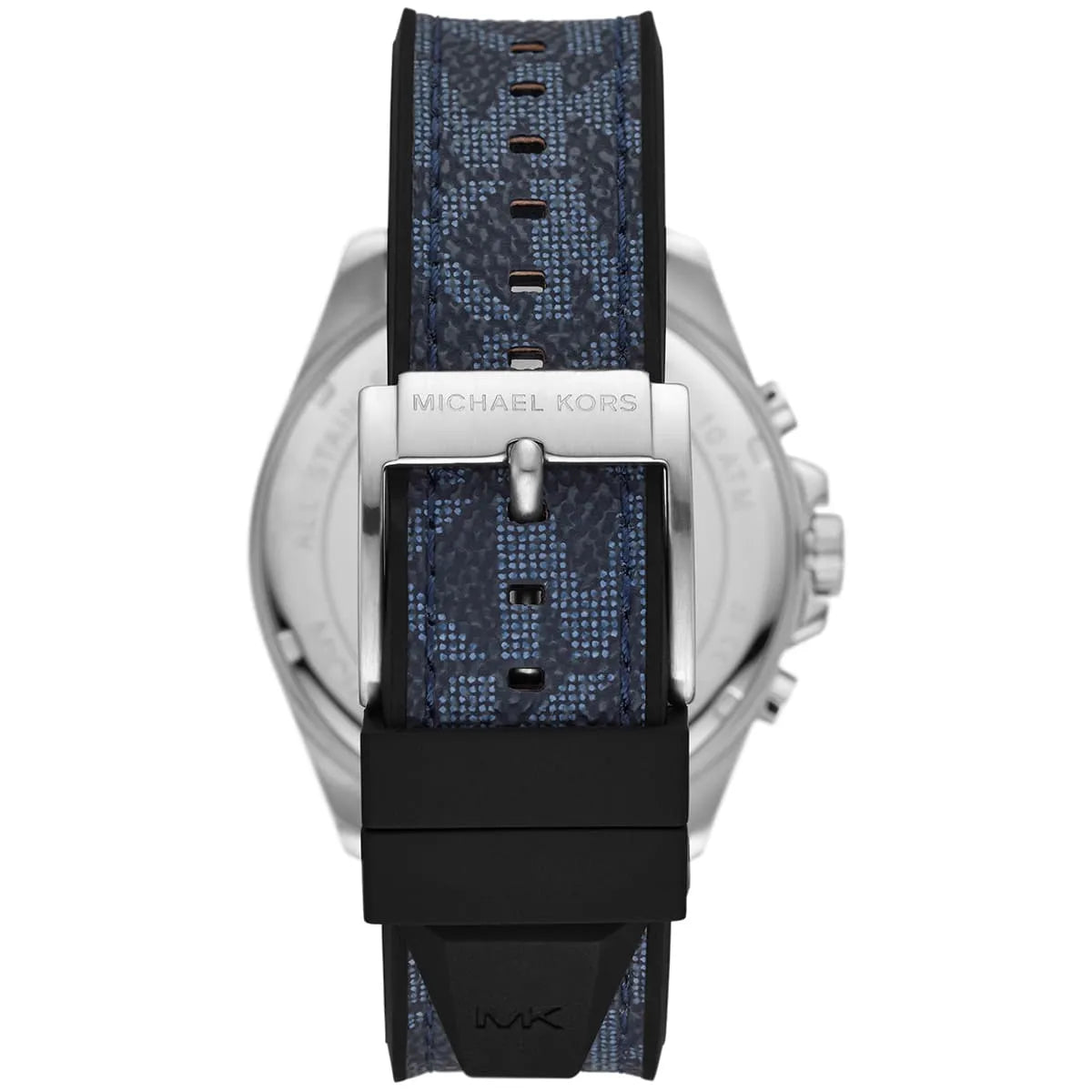 Back view of Michael Kors Brecken watch with caseback visible and navy patterned strap
